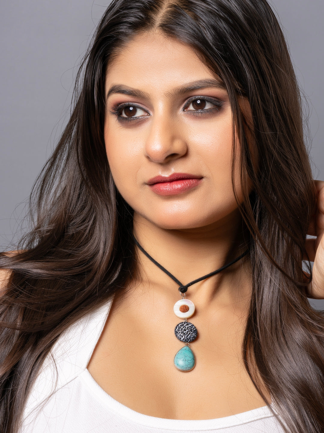 Semi Precious MOP Lava Turquoise sleek necklace with adjustable Suede Cord LOOK AND ADORN - designed for you
