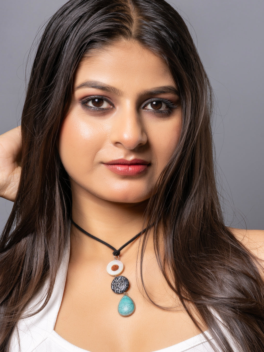 Semi Precious MOP Lava Turquoise sleek necklace with adjustable Suede Cord LOOK AND ADORN - designed for you