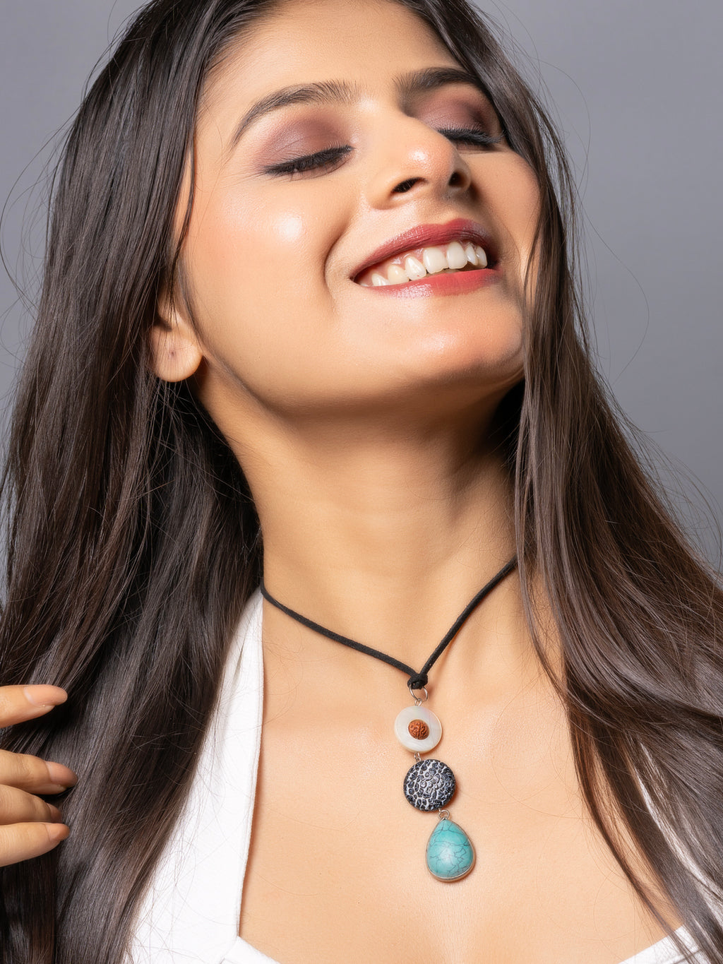 Semi Precious MOP Lava Turquoise sleek necklace with adjustable Suede Cord LOOK AND ADORN - designed for you