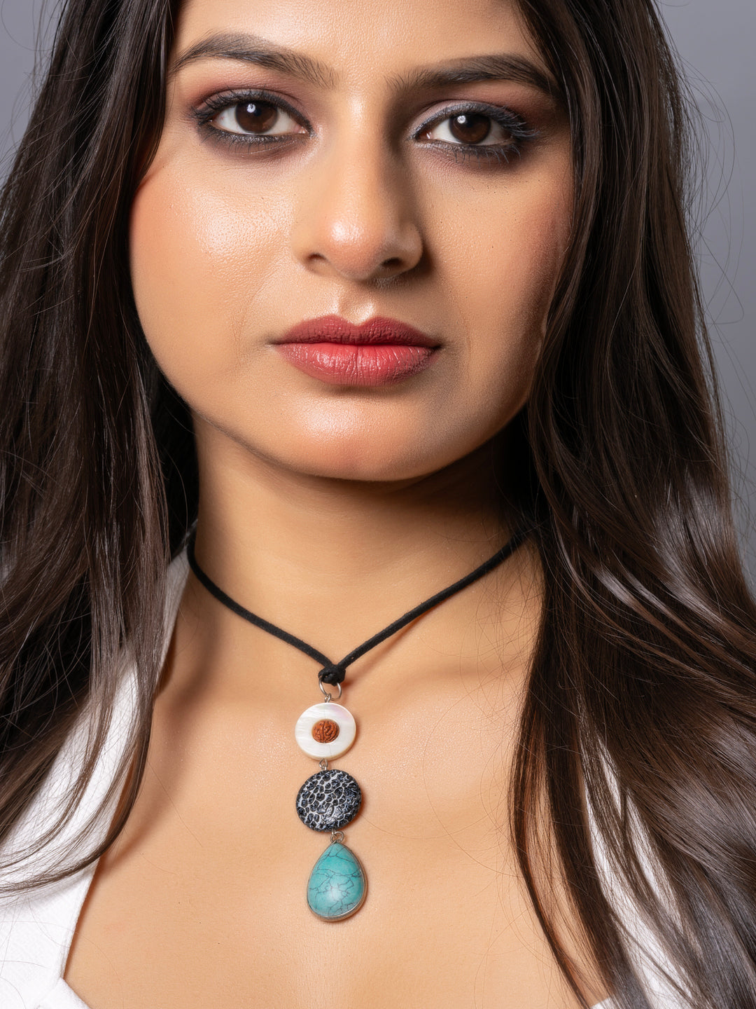 Semi Precious MOP Lava Turquoise sleek necklace with adjustable Suede Cord LOOK AND ADORN - designed for you