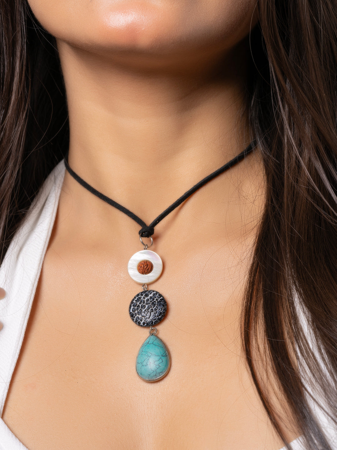 Semi Precious MOP Lava Turquoise sleek necklace with adjustable Suede Cord LOOK AND ADORN - designed for you