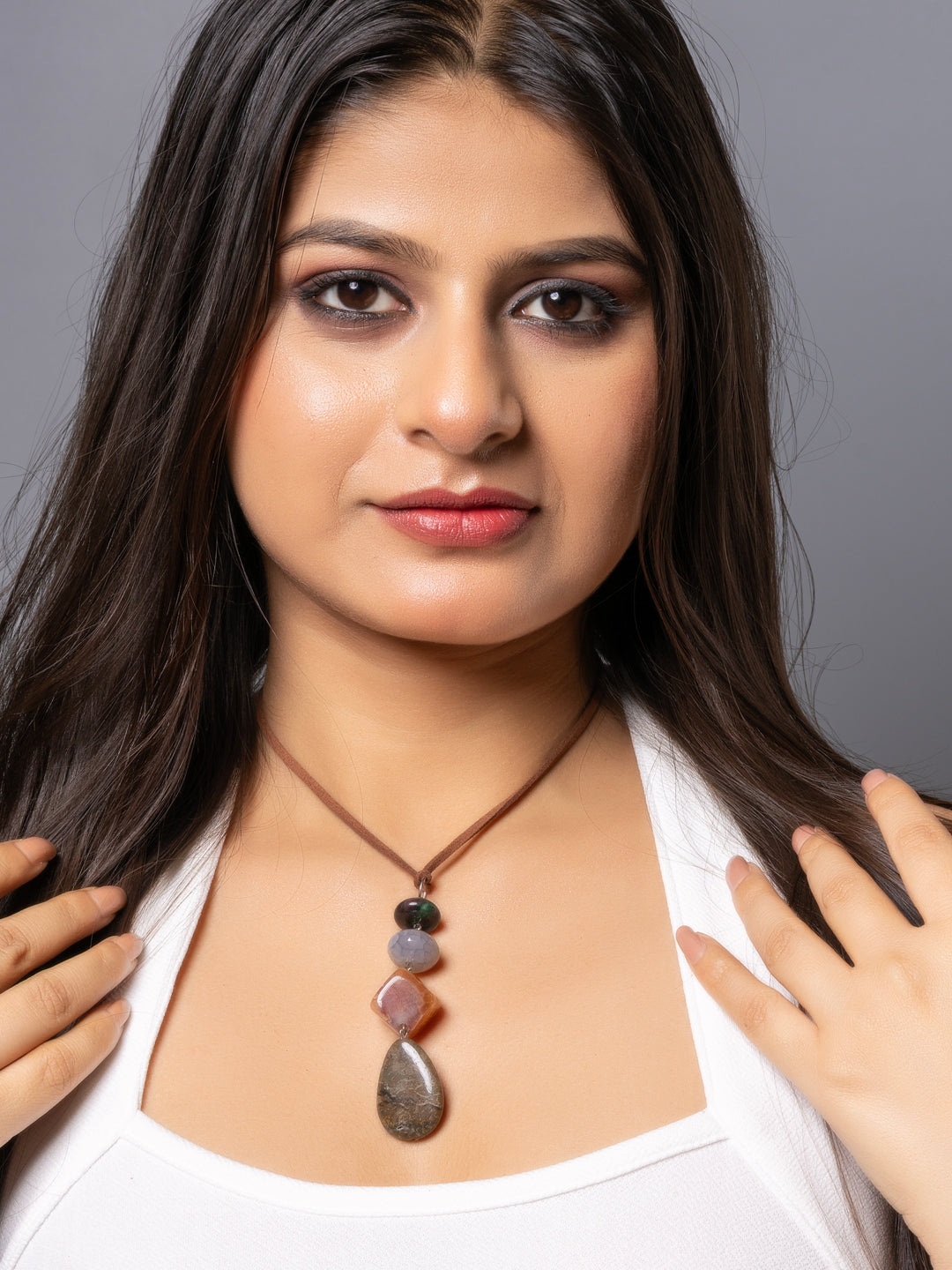 Semi Precious Brown Green Onyx Agate sleek necklace with adjustable Suede Cord LOOK AND ADORN - designed for you