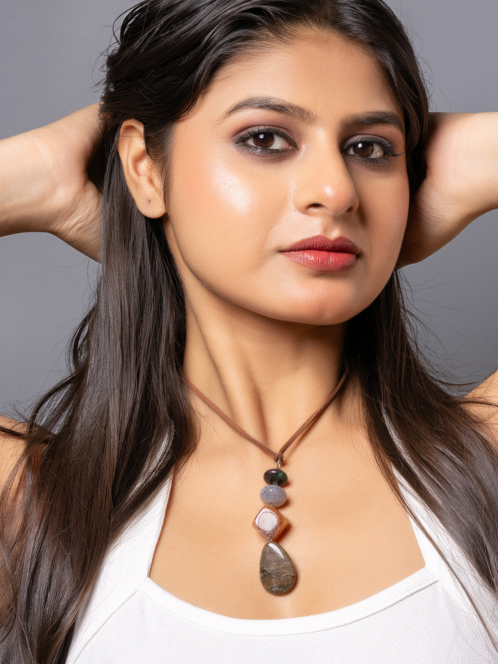 Semi Precious Brown Green Onyx Agate sleek necklace with adjustable Suede Cord LOOK AND ADORN - designed for you