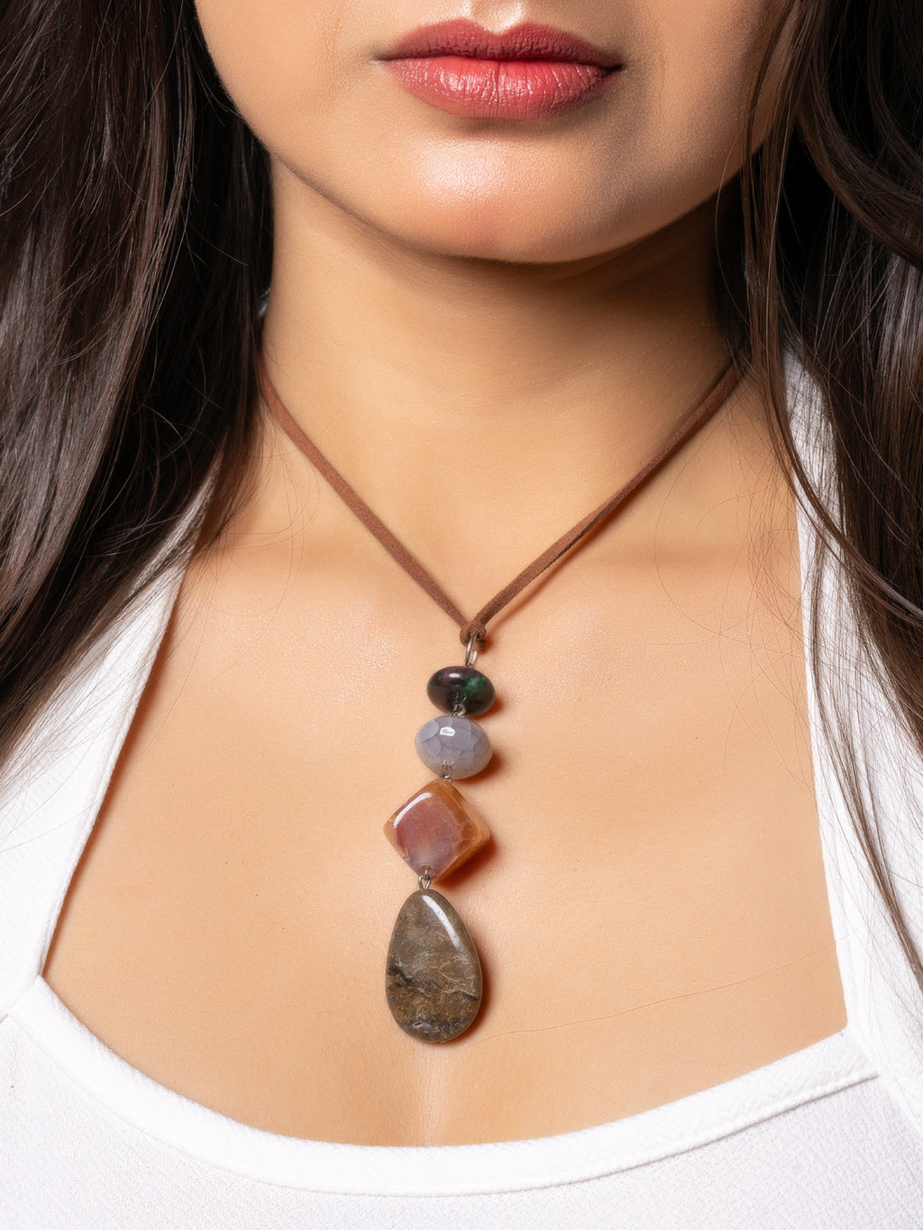 Semi Precious Brown Green Onyx Agate sleek necklace with adjustable Suede Cord LOOK AND ADORN - designed for you
