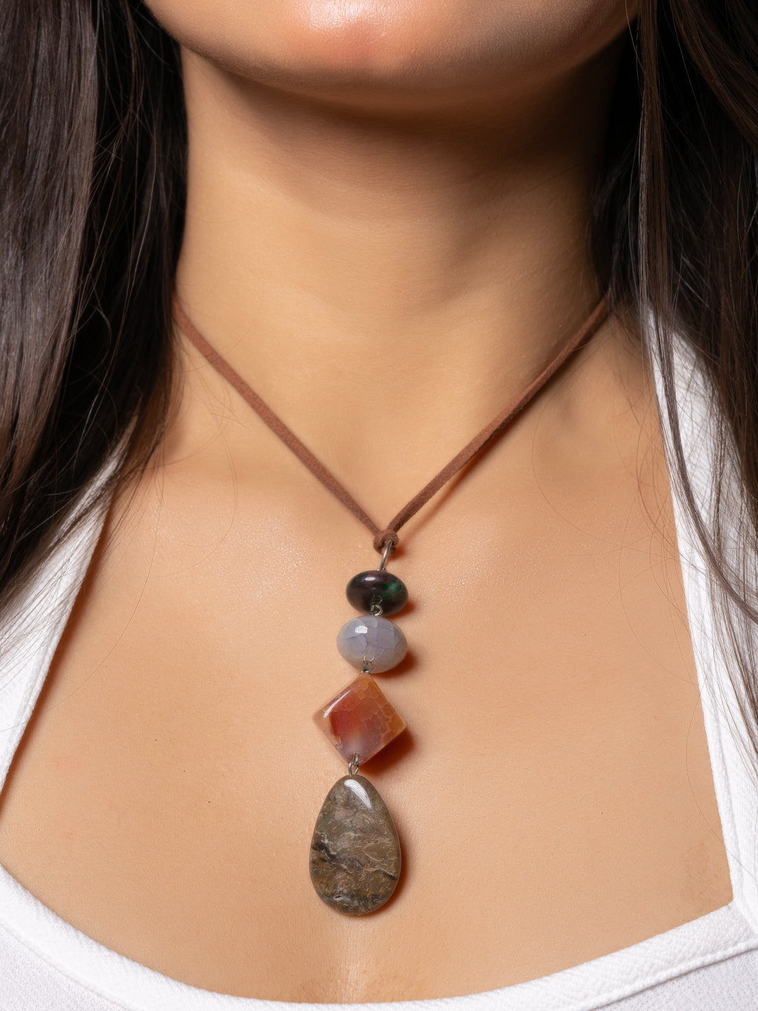 Semi Precious Brown Green Onyx Agate sleek necklace with adjustable Suede Cord LOOK AND ADORN - designed for you