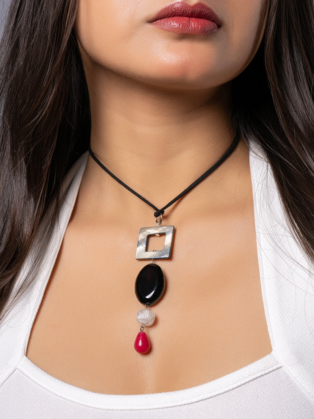 Semi Precious Black Pink Grey MOP Onyx sleek necklace with adjustable Suede Cord LOOK AND ADORN - designed for you