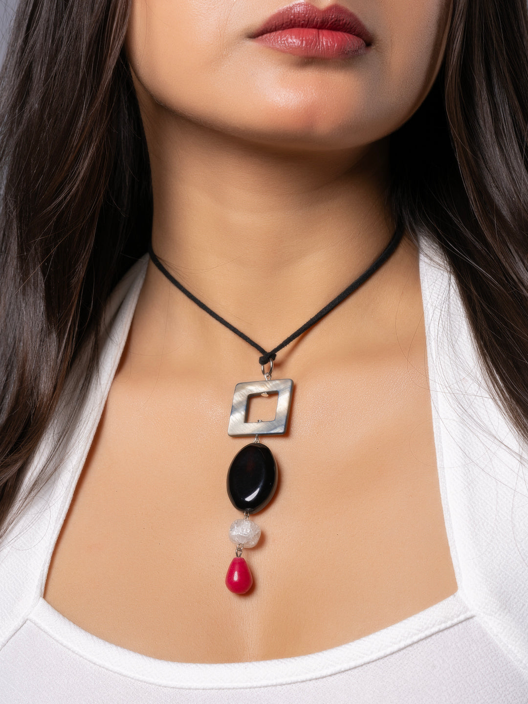 Semi Precious Black Pink Grey MOP Onyx sleek necklace with adjustable Suede Cord LOOK AND ADORN - designed for you