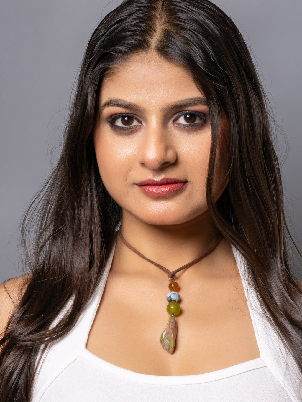 Semi Precious Brown Onyx Green Unakite Lily Sleek necklace with adjustable Suede Cord LOOK AND ADORN - designed for you