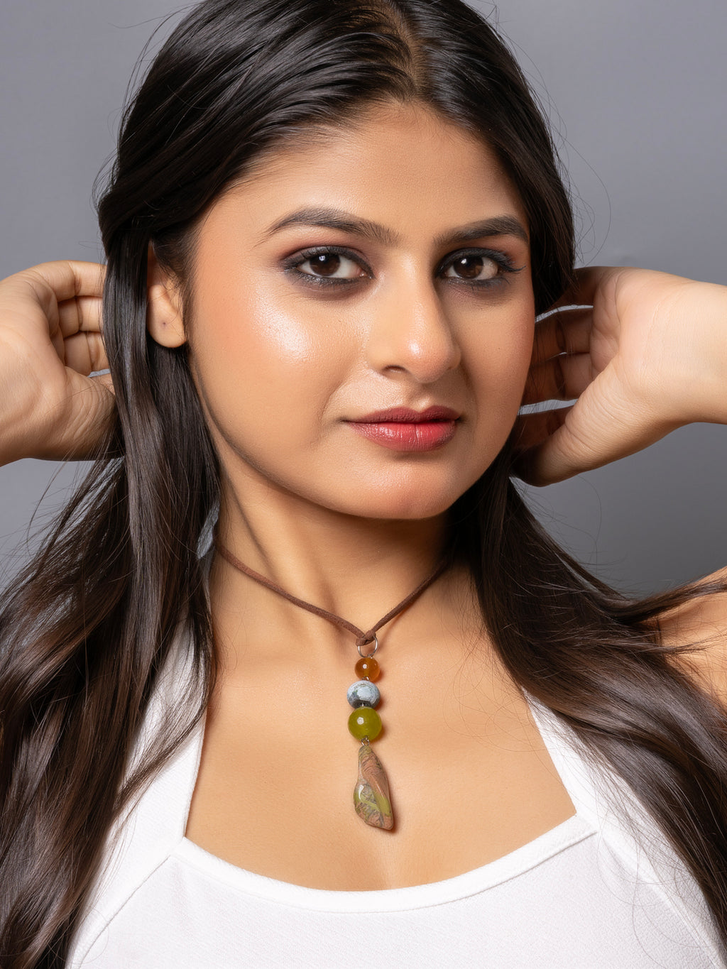 Semi Precious Brown Onyx Green Unakite Lily Sleek necklace with adjustable Suede Cord LOOK AND ADORN - designed for you