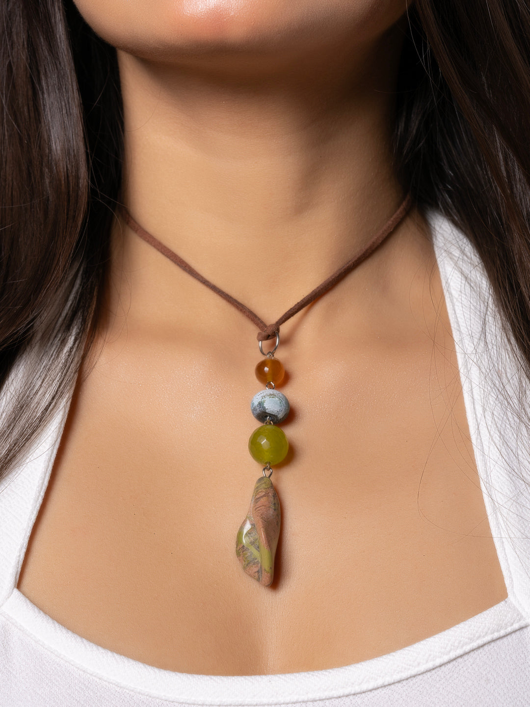 Semi Precious Brown Onyx Green Unakite Lily Sleek necklace with adjustable Suede Cord LOOK AND ADORN - designed for you