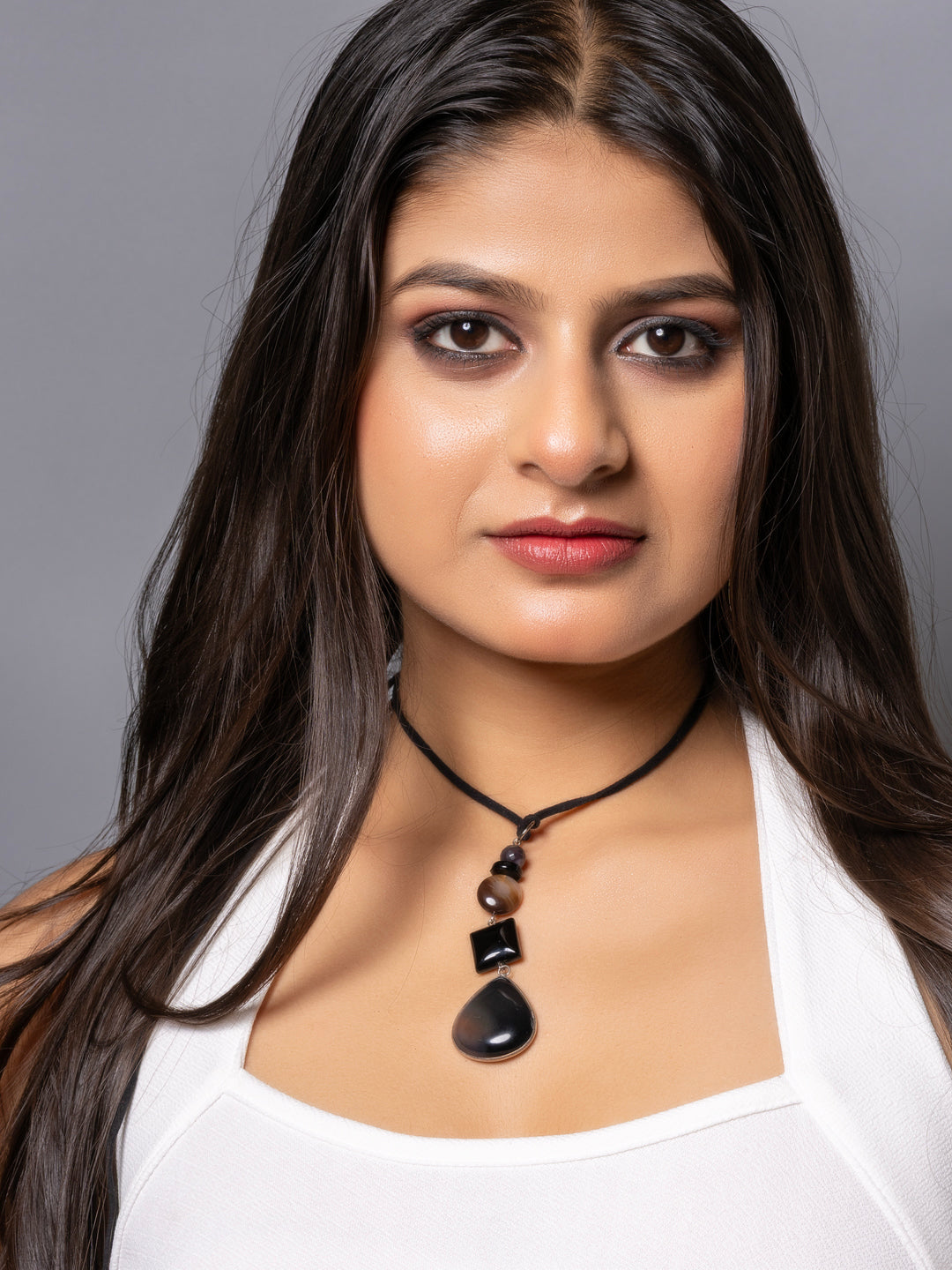 Semi Precious Black Brown Onyx Agate Lily Sleek necklace with adjustable Suede Cord LOOK AND ADORN - designed for you