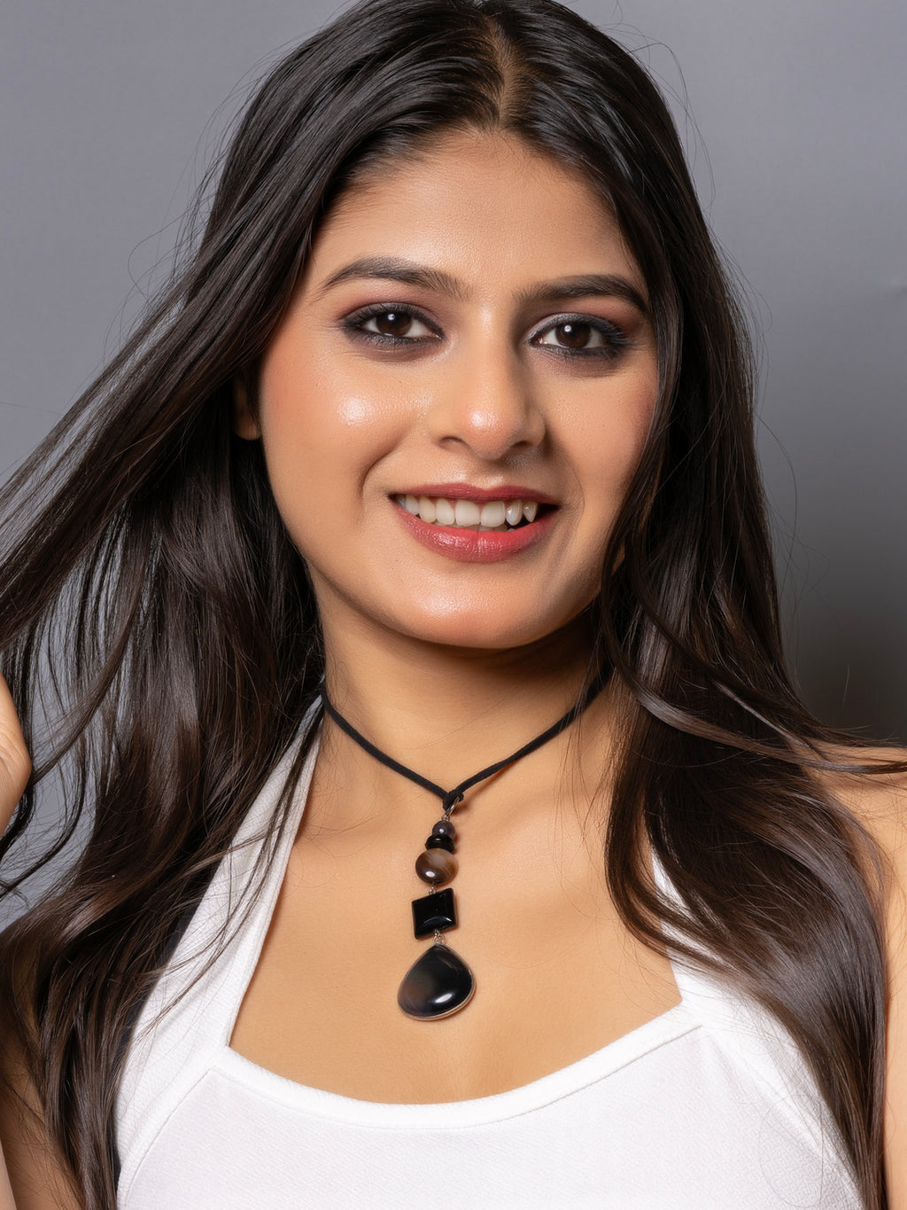 Semi Precious Black Brown Onyx Agate Lily Sleek necklace with adjustable Suede Cord LOOK AND ADORN - designed for you