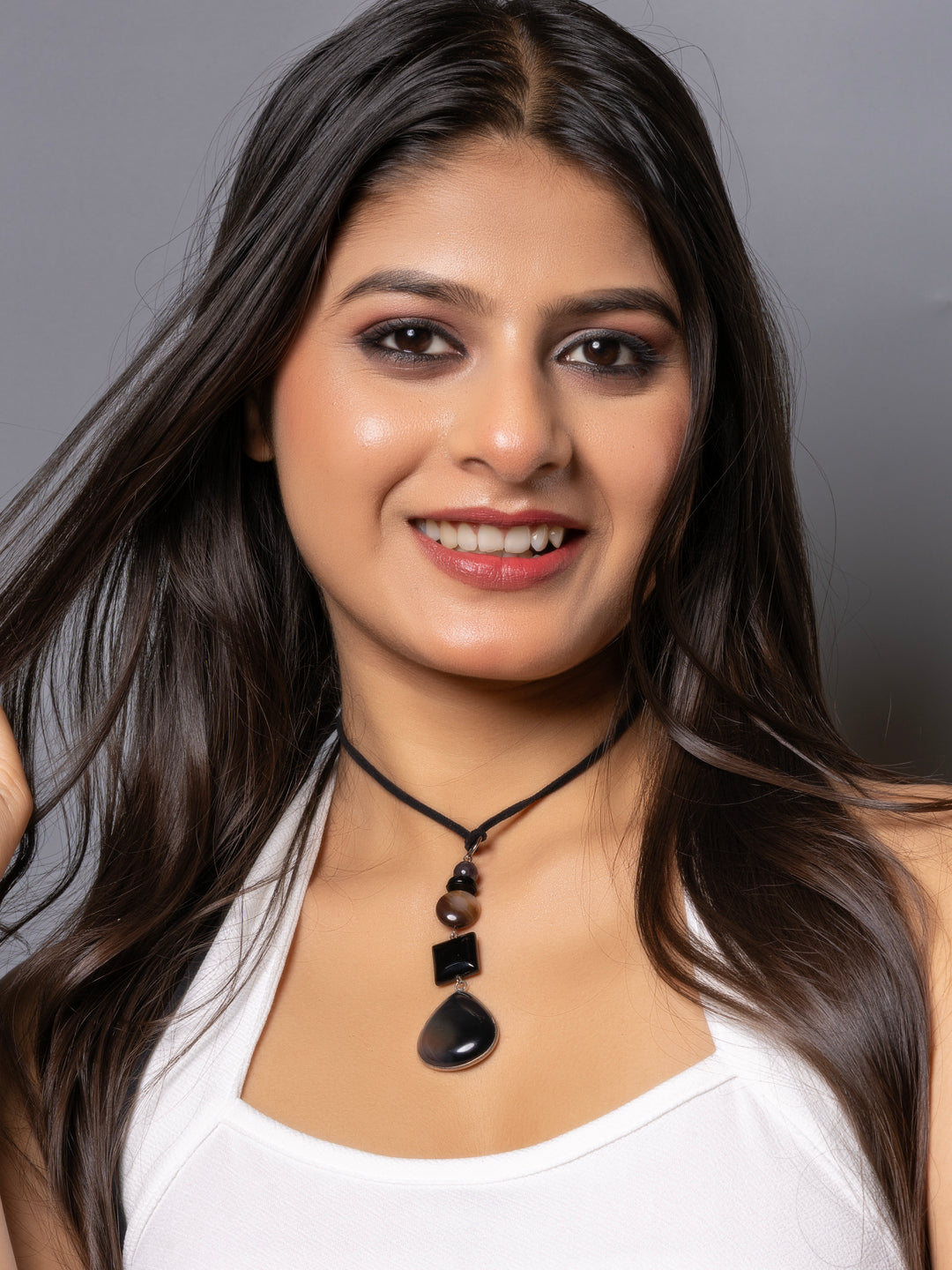 Semi Precious Black Brown Onyx Agate Lily Sleek necklace with adjustable Suede Cord LOOK AND ADORN - designed for you