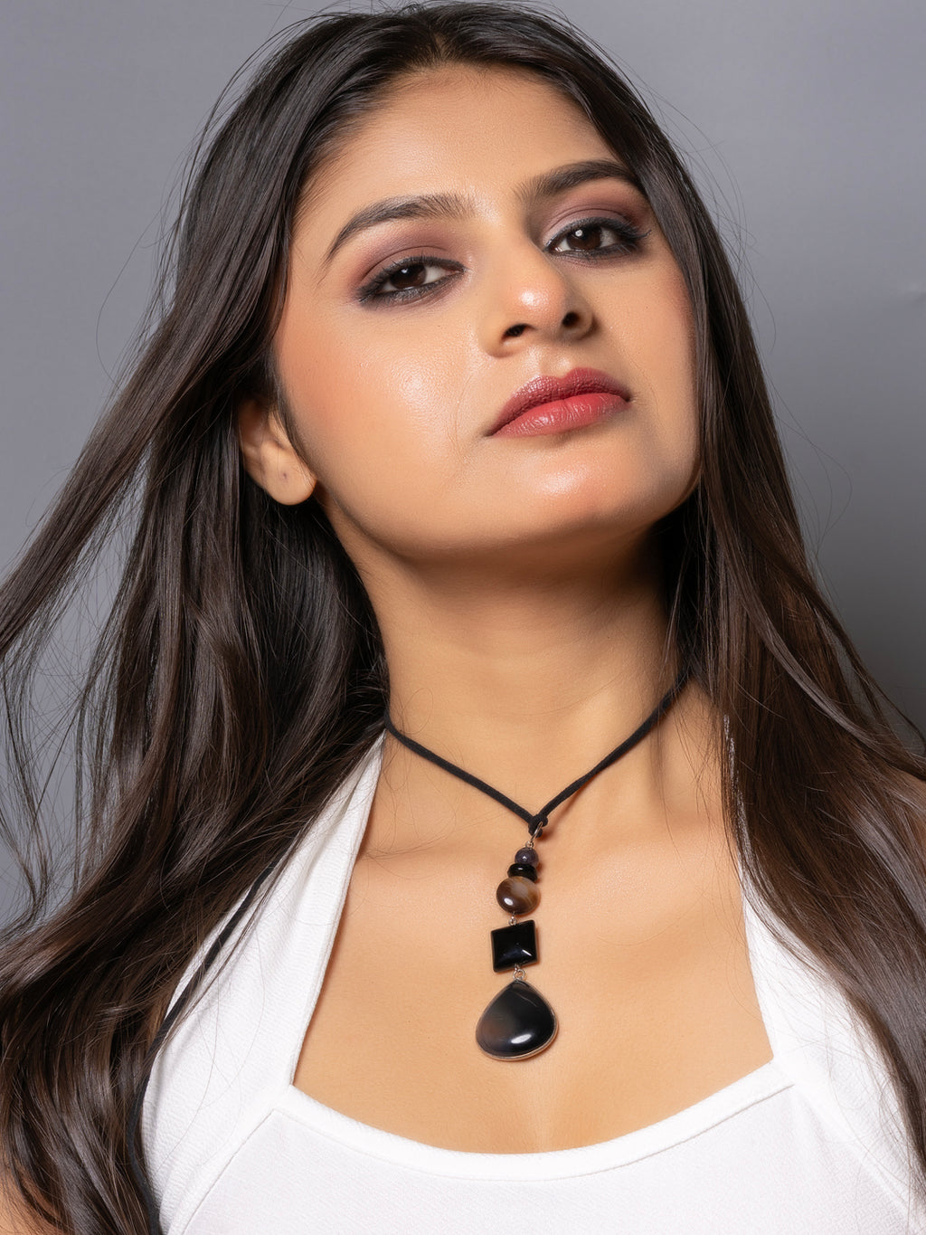 Semi Precious Black Brown Onyx Agate Lily Sleek necklace with adjustable Suede Cord LOOK AND ADORN - designed for you