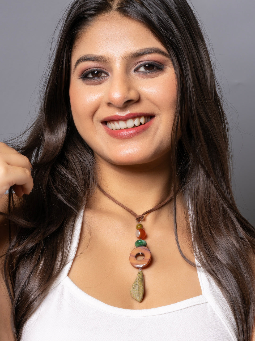 Semi Precious Brown Onyx MOP Green Unakite Lily Sleek necklace with adjustable Suede Cord LOOK AND ADORN - designed for you