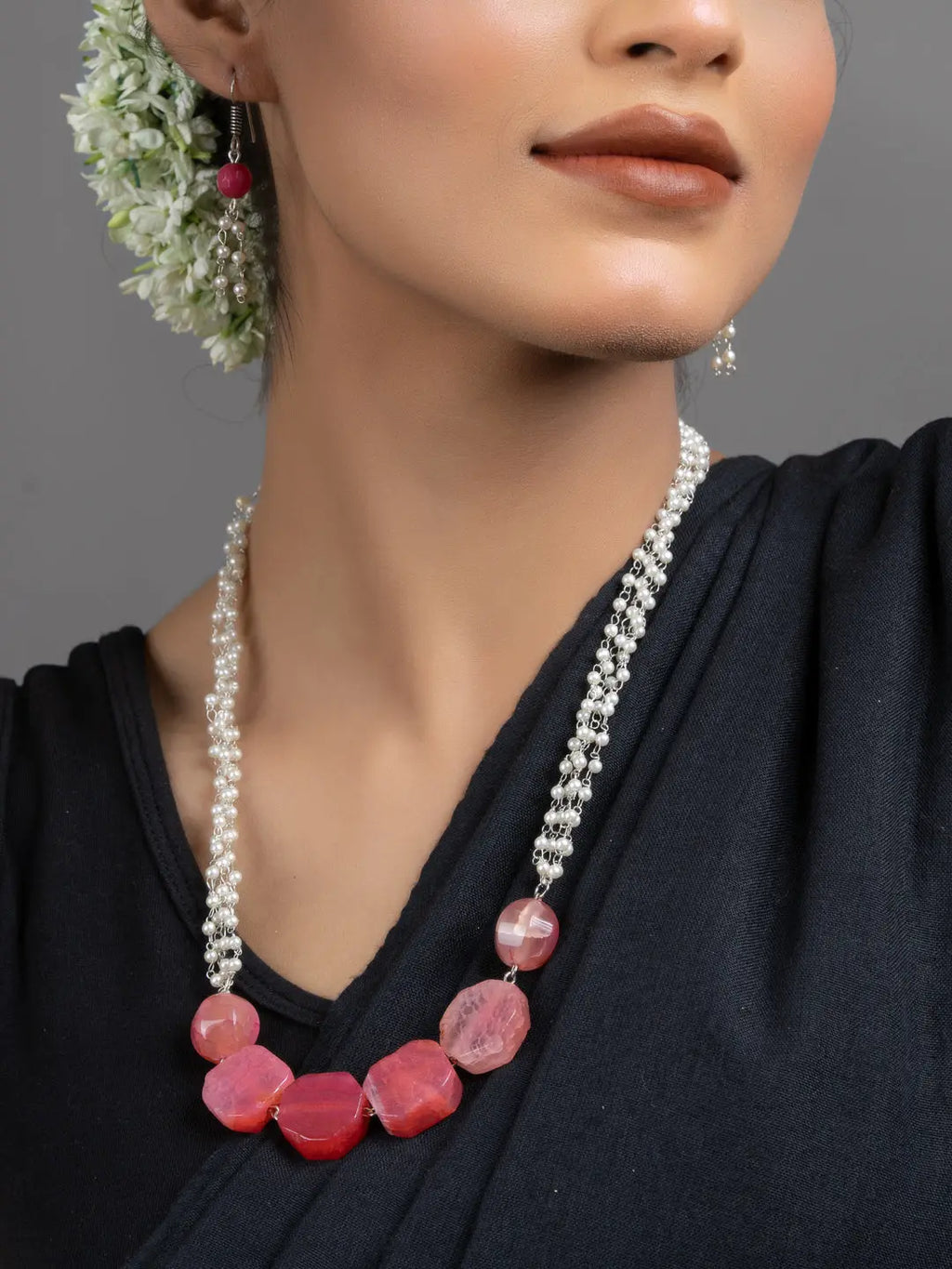 Semi Precious Pink Onyx Faux Pearl Chain Necklace Set with Earrings - Lookandadorn.com