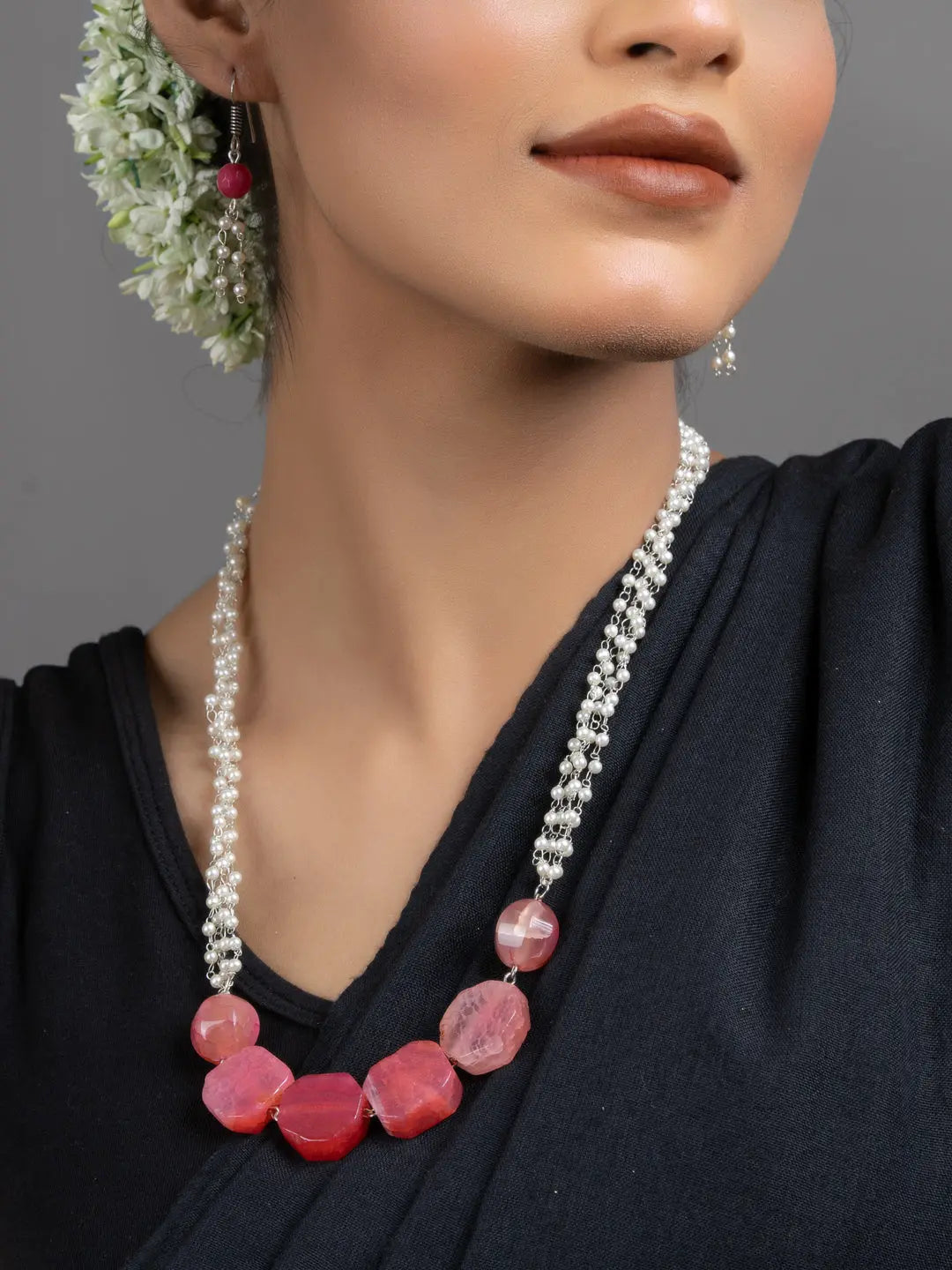 Semi Precious Pink Onyx Faux Pearl Chain Necklace Set with Earrings - Lookandadorn.com
