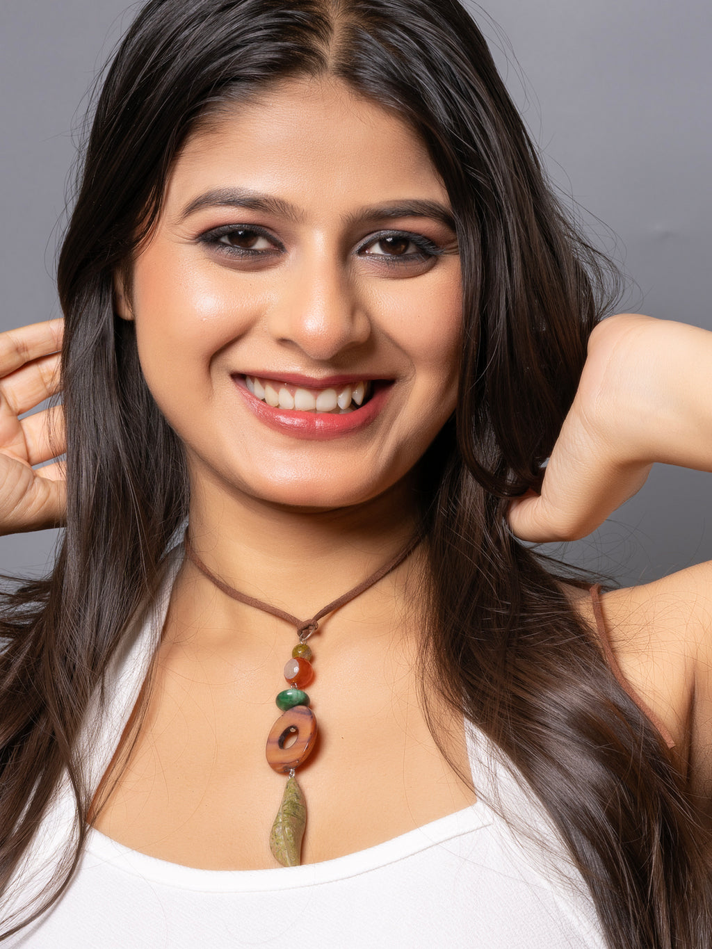 Semi Precious Brown Onyx MOP Green Unakite Lily Sleek necklace with adjustable Suede Cord LOOK AND ADORN - designed for you