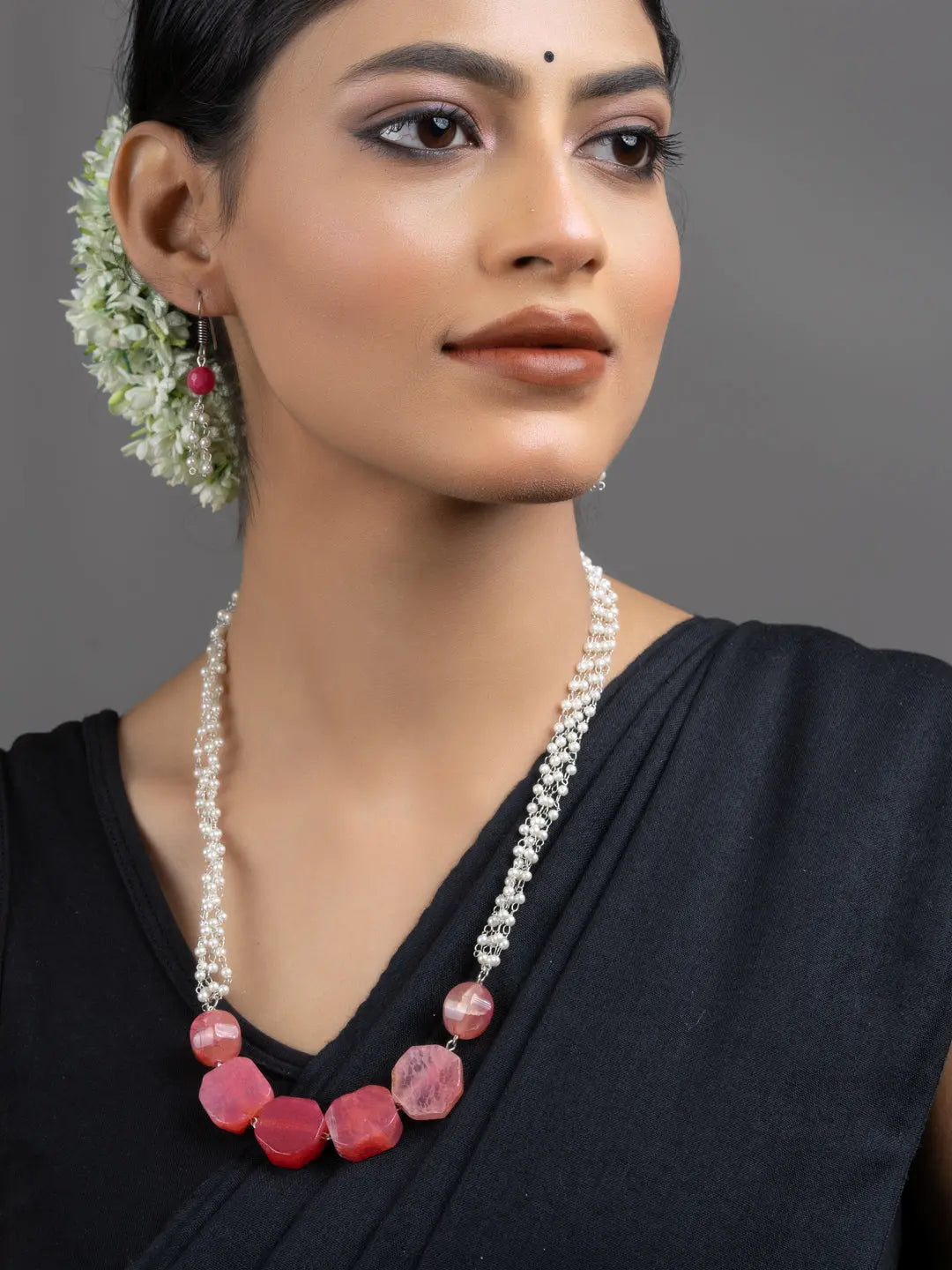 Semi Precious Pink Onyx Faux Pearl Chain Necklace Set with Earrings - Lookandadorn.com