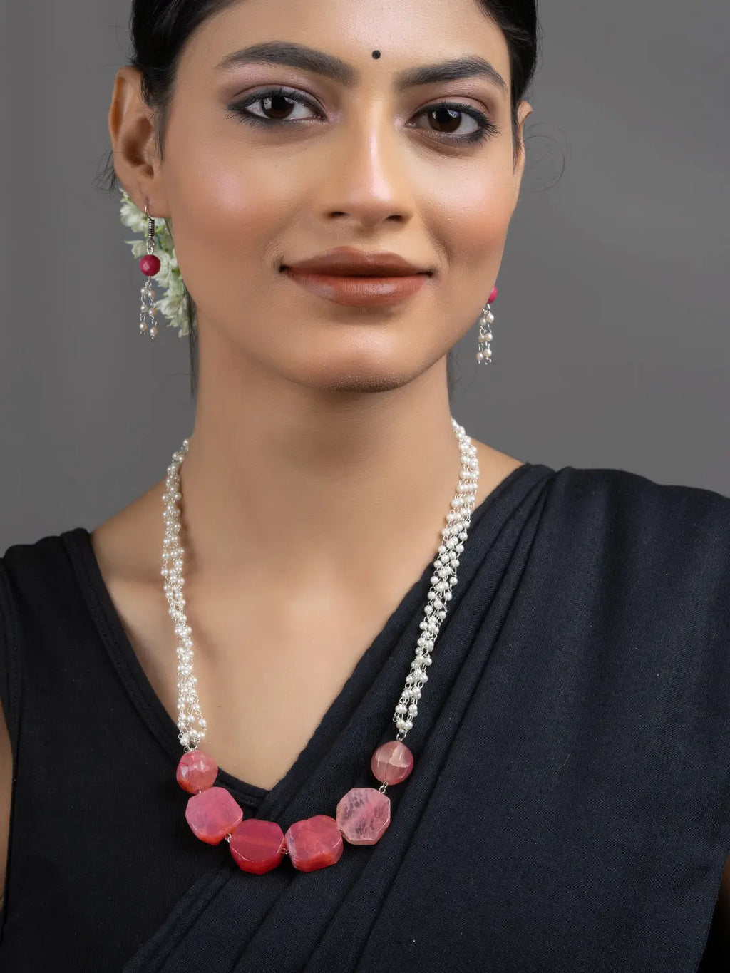 Semi Precious Pink Onyx Faux Pearl Chain Necklace Set with Earrings - Lookandadorn.com