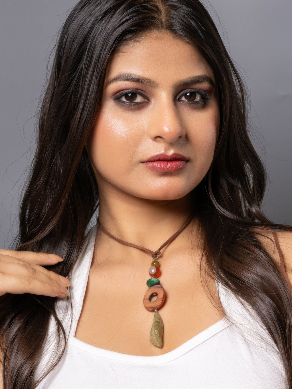 Semi Precious Brown Onyx MOP Green Unakite Lily Sleek necklace with adjustable Suede Cord LOOK AND ADORN - designed for you