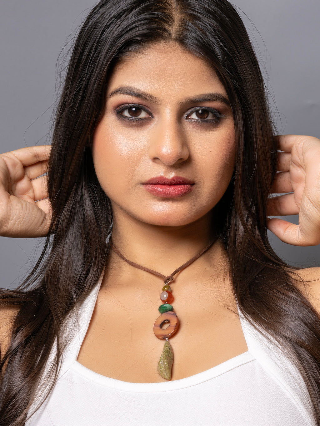 Semi Precious Brown Onyx MOP Green Unakite Lily Sleek necklace with adjustable Suede Cord LOOK AND ADORN - designed for you