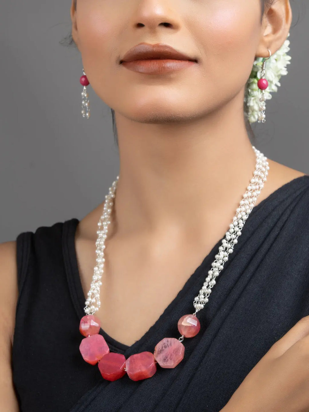 Semi Precious Pink Onyx Faux Pearl Chain Necklace Set with Earrings - Lookandadorn.com