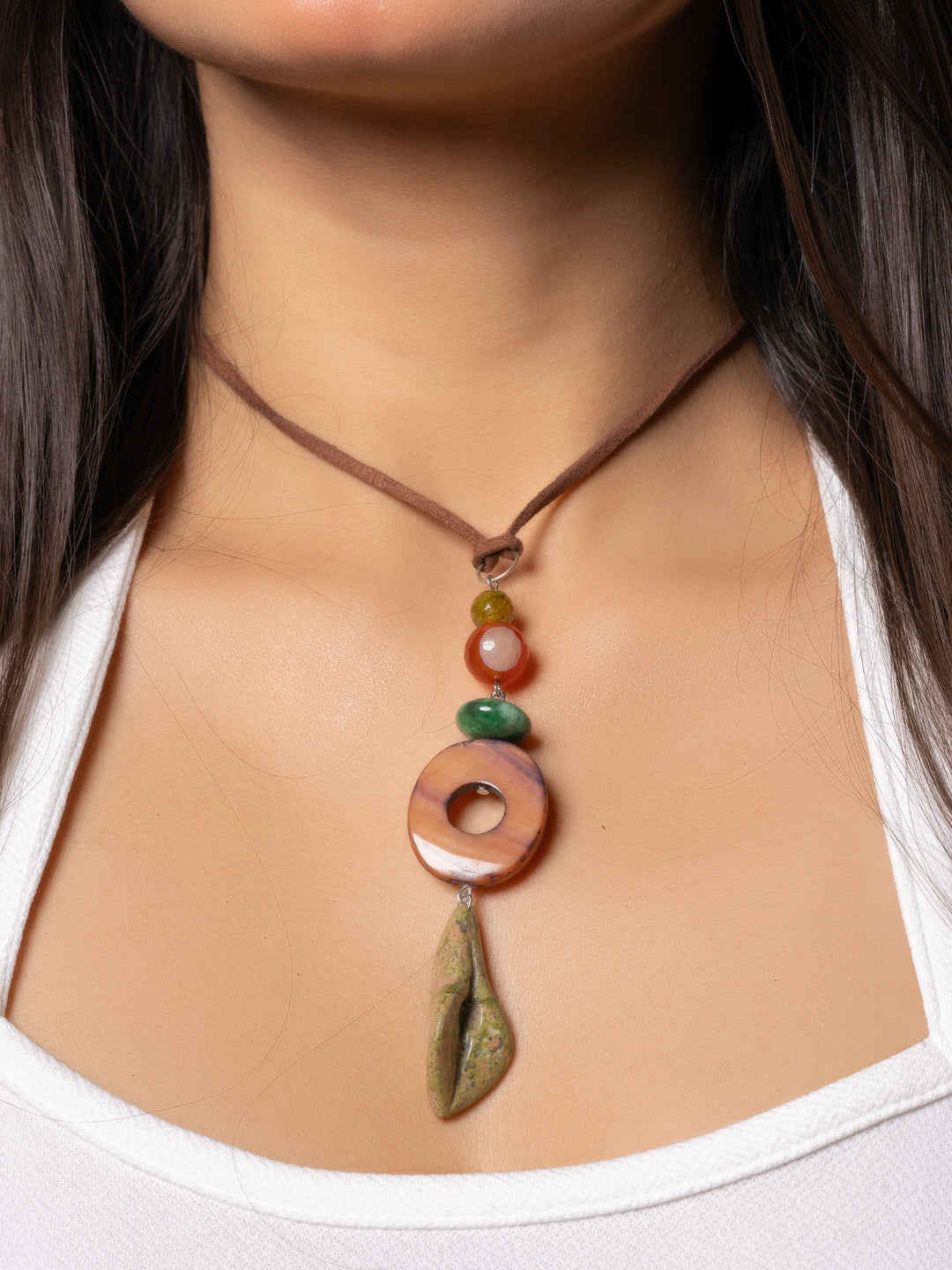 Semi Precious Brown Onyx MOP Green Unakite Lily Sleek necklace with adjustable Suede Cord LOOK AND ADORN - designed for you