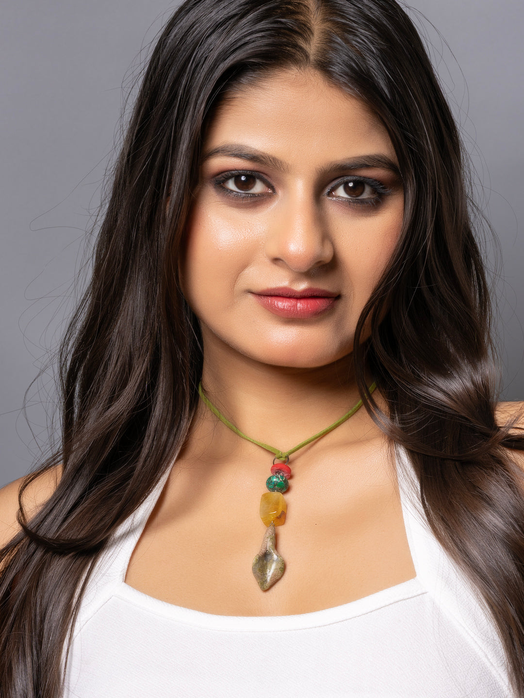 Semi Precious Yellow Onyx Green Howlite Unakite Lily Sleek necklace with adjustable Suede Cord LOOK AND ADORN - designed for you