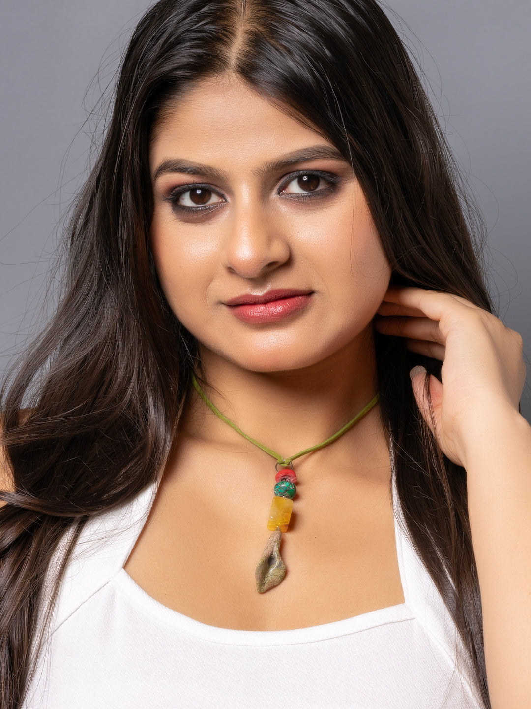 Semi Precious Yellow Onyx Green Howlite Unakite Lily Sleek necklace with adjustable Suede Cord LOOK AND ADORN - designed for you