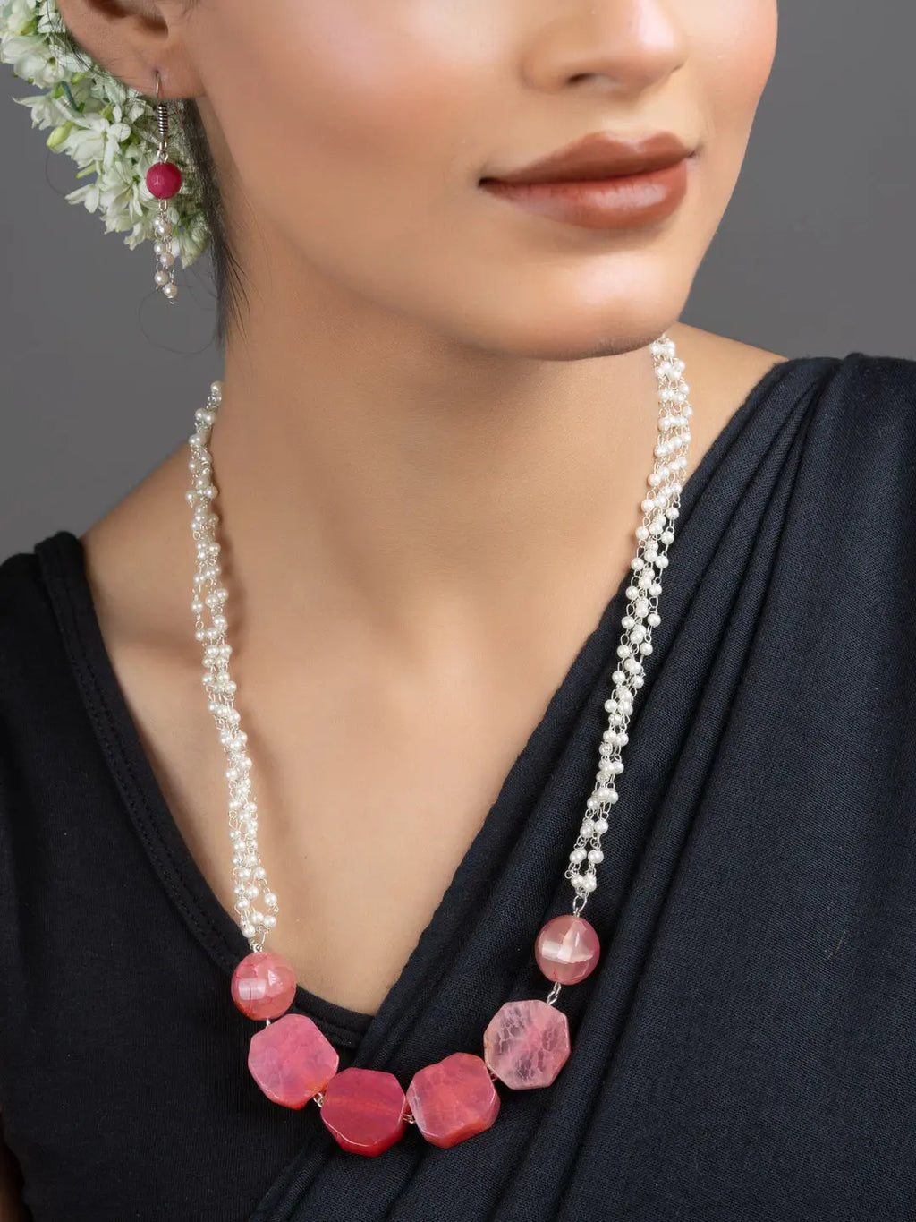 Semi Precious Pink Onyx Faux Pearl Chain Necklace Set with Earrings - Lookandadorn.com