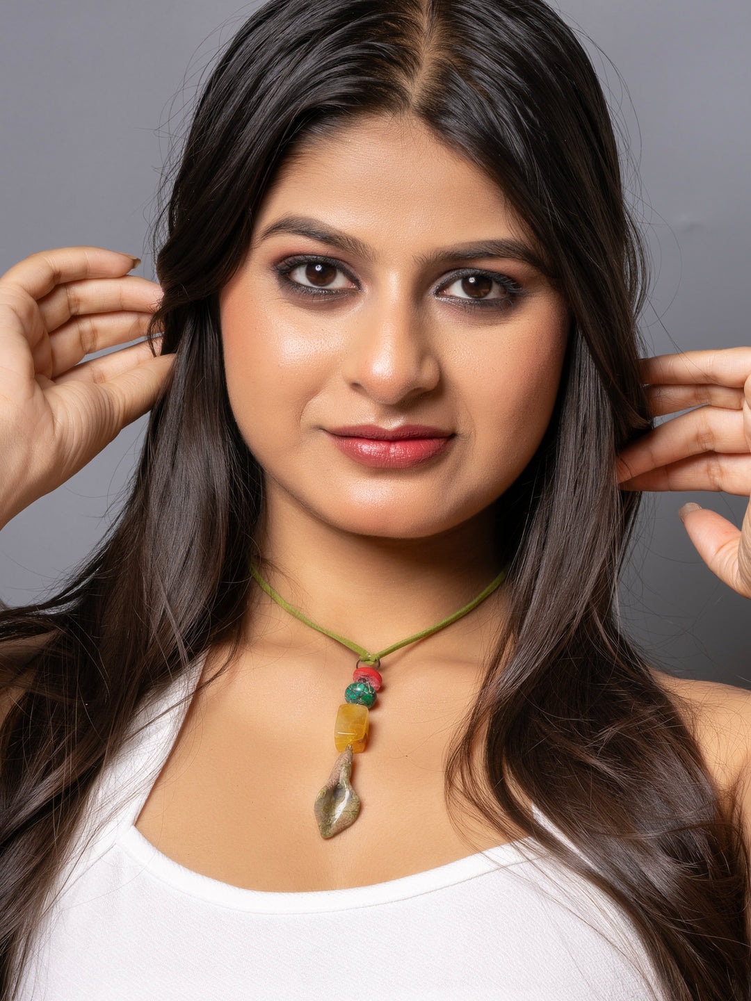 Semi Precious Yellow Onyx Green Howlite Unakite Lily Sleek necklace with adjustable Suede Cord LOOK AND ADORN - designed for you