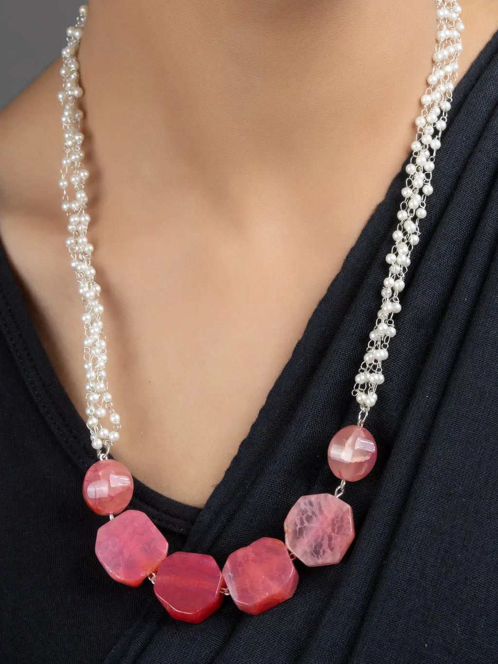 Semi Precious Pink Onyx Faux Pearl Chain Necklace Set with Earrings - Lookandadorn.com