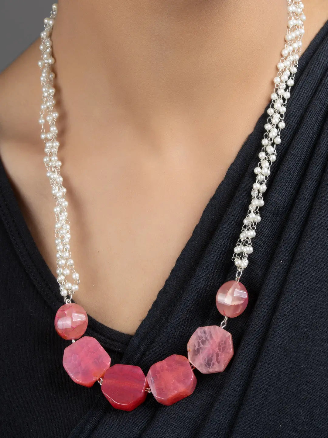 Semi Precious Pink Onyx Faux Pearl Chain Necklace Set with Earrings - Lookandadorn.com