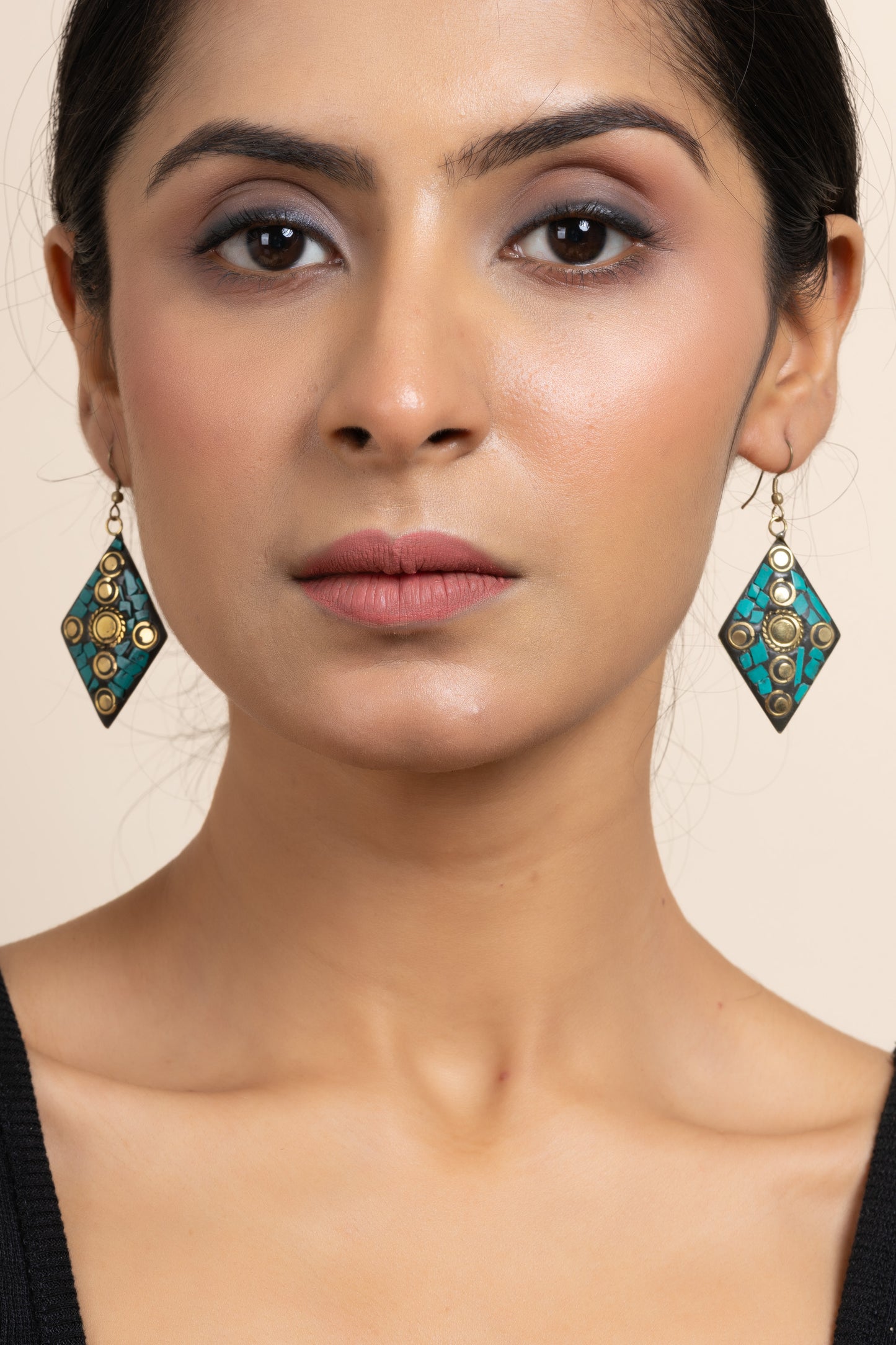 Golden Turquoise Black Tibetan Earring