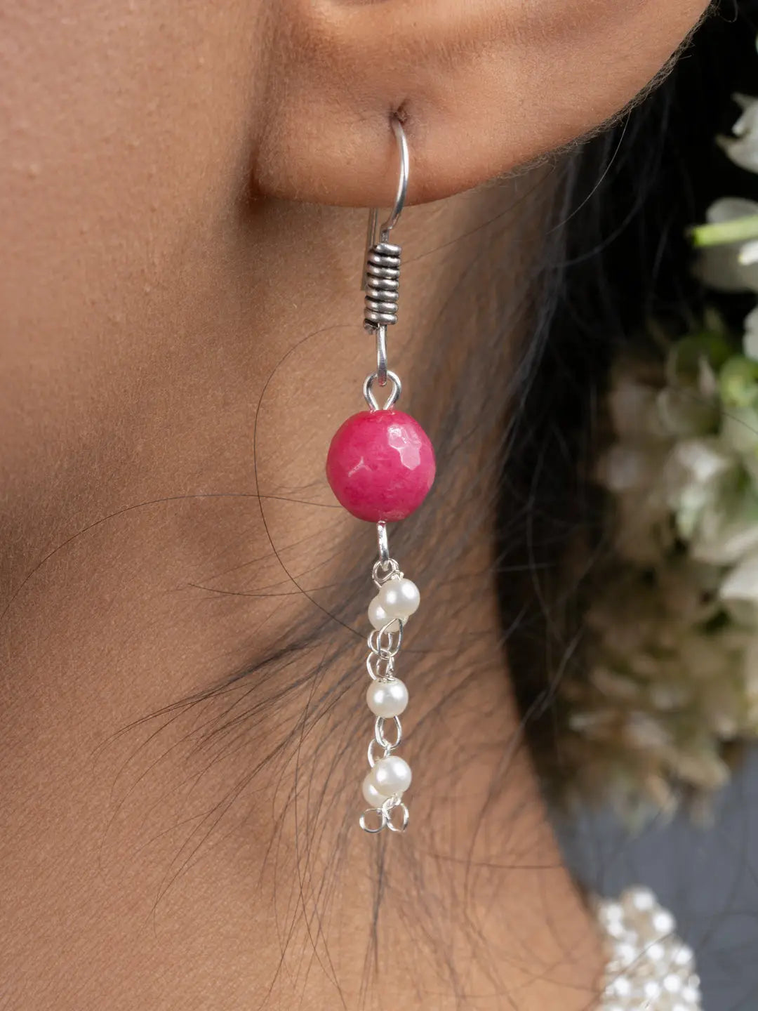 Semi Precious Pink Onyx Faux Pearl Chain Necklace Set with Earrings - Lookandadorn.com