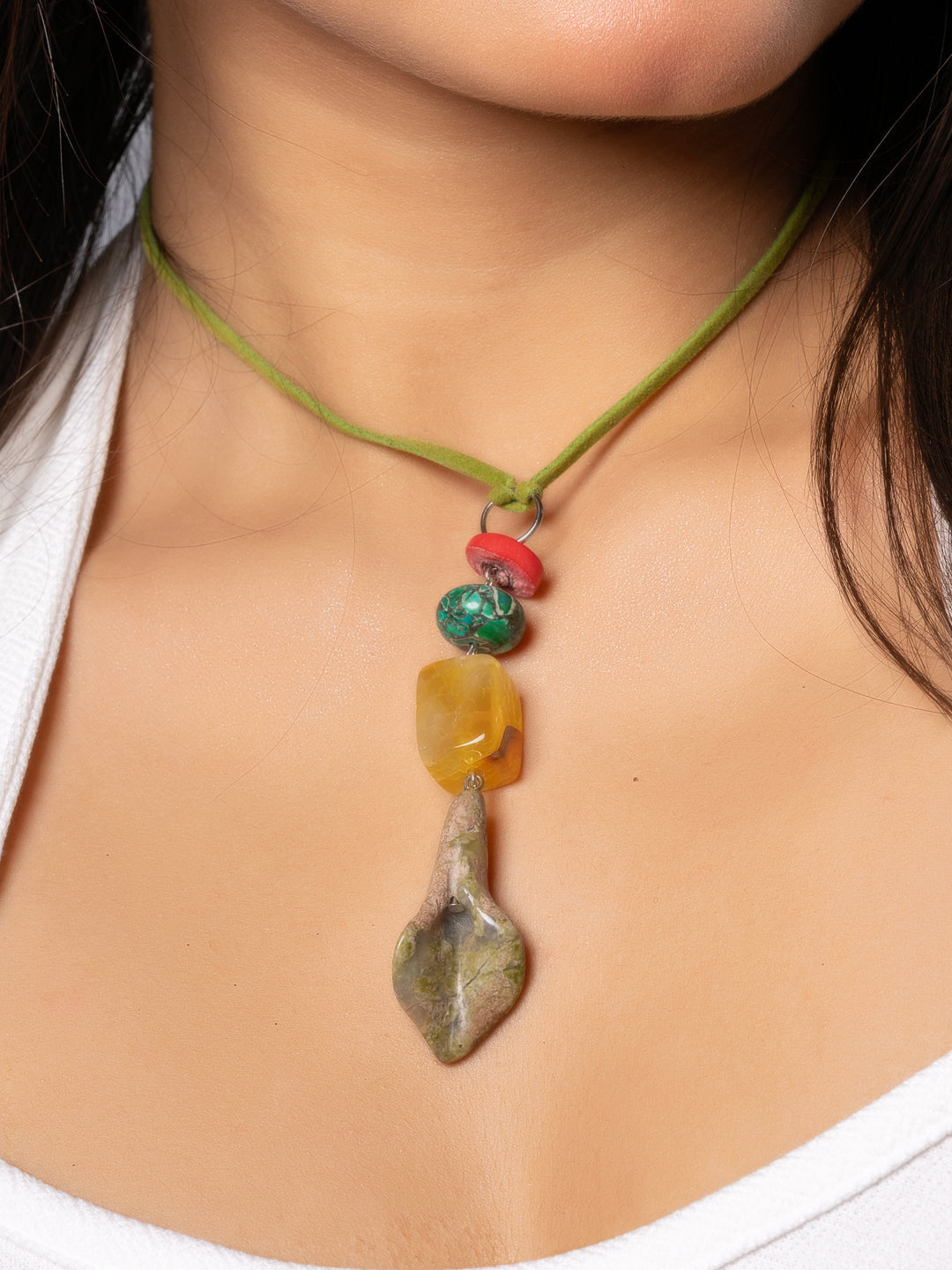 Semi Precious Yellow Onyx Green Howlite Unakite Lily Sleek necklace with adjustable Suede Cord LOOK AND ADORN - designed for you