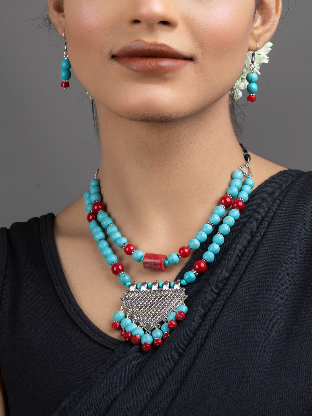 Turquoise Red Coral Double Layer GS Necklace Set with Earrings - Lookandadorn.com