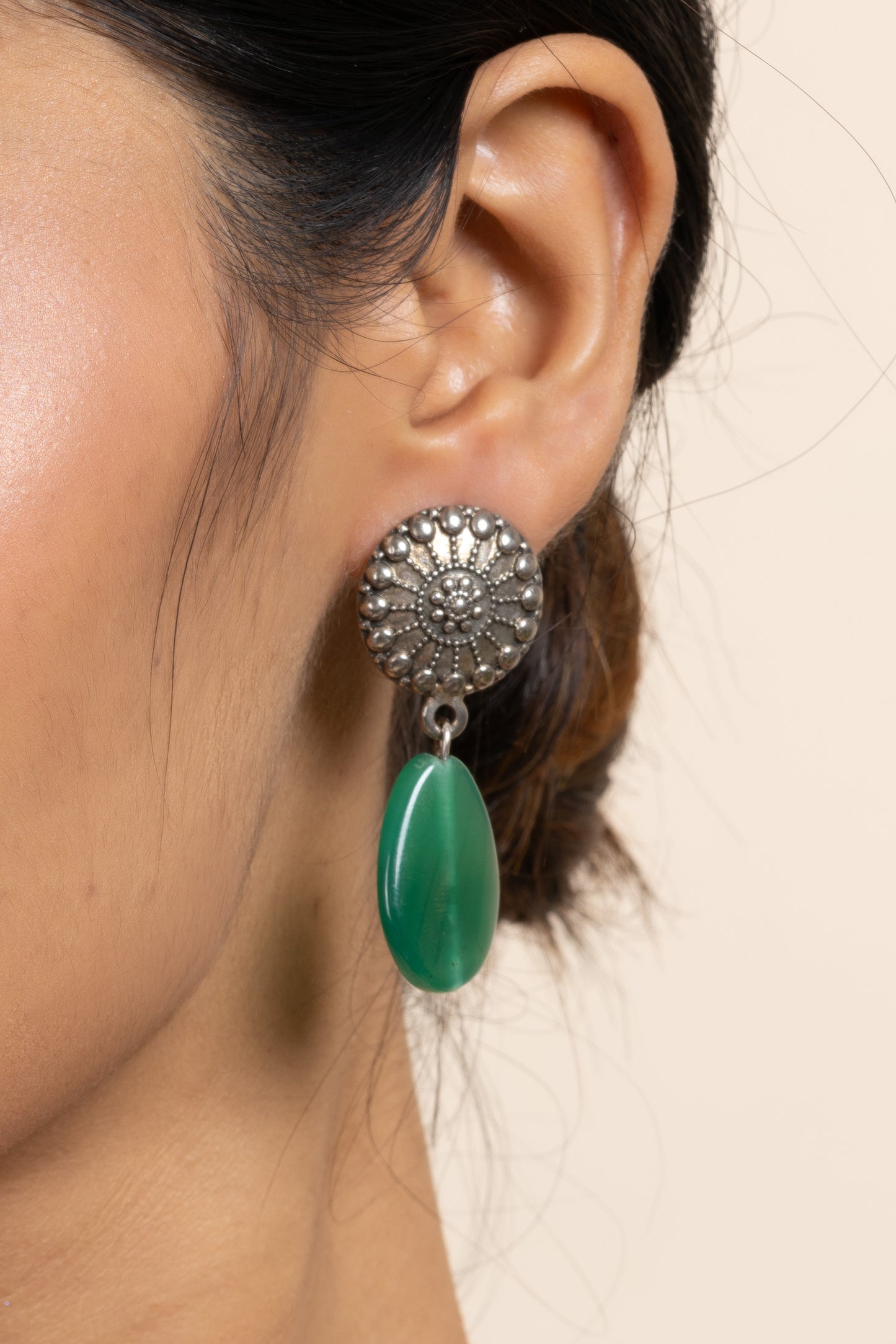 German Silver Round Stud with Green Semi Precious Agate Stone Earring