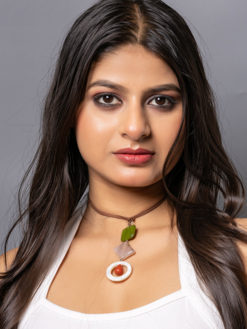 Semi Precious Green Pink White MOP Onyx sleek necklace with adjustable Suede Cord LOOK AND ADORN - designed for you