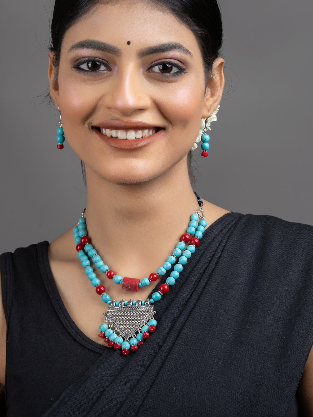 Turquoise Red Coral Double Layer GS Necklace Set with Earrings - Lookandadorn.com