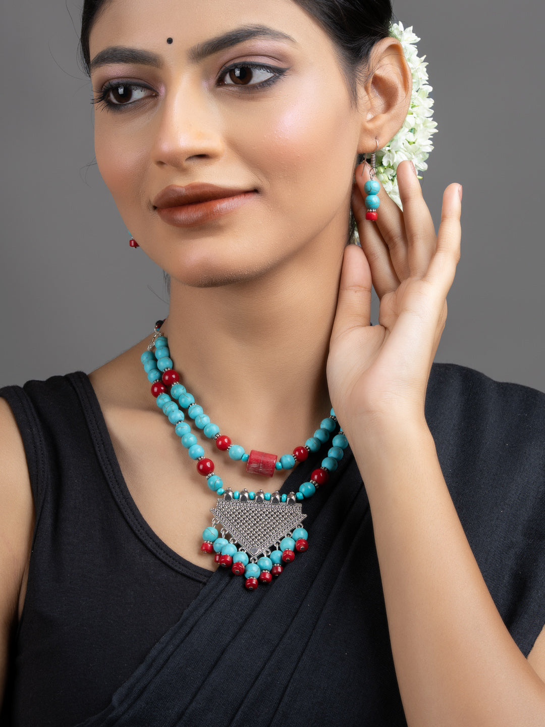 Turquoise Red Coral Double Layer GS Necklace Set with Earrings - Lookandadorn.com