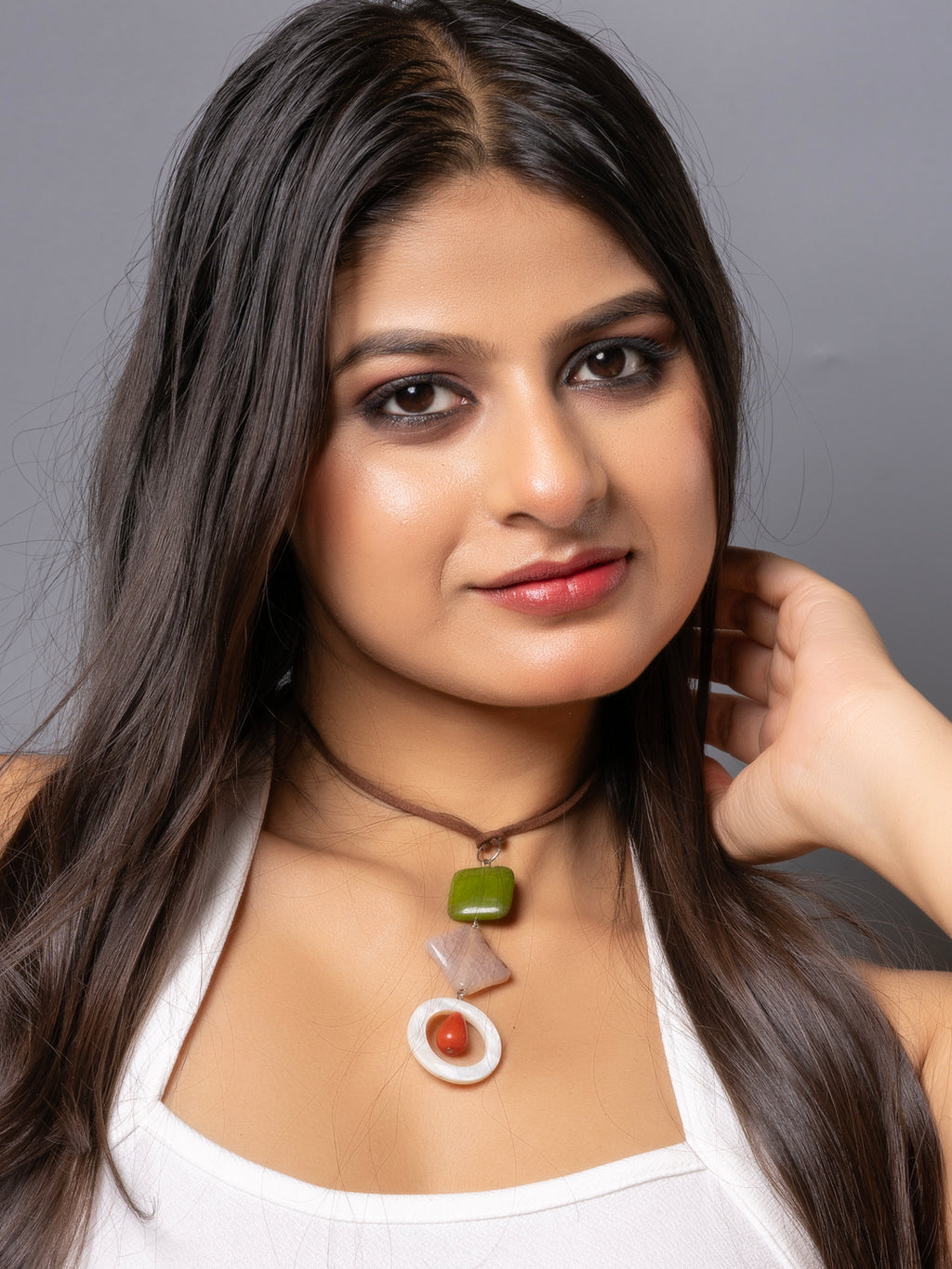 Semi Precious Green Pink White MOP Onyx sleek necklace with adjustable Suede Cord LOOK AND ADORN - designed for you