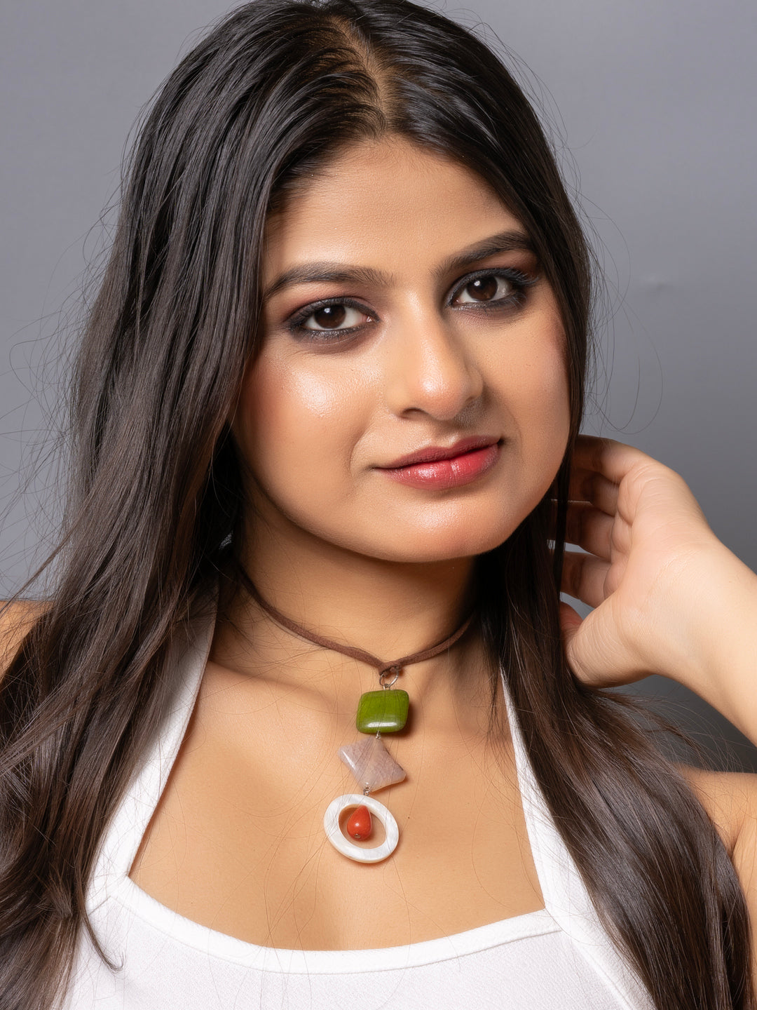Semi Precious Green Pink White MOP Onyx sleek necklace with adjustable Suede Cord LOOK AND ADORN - designed for you