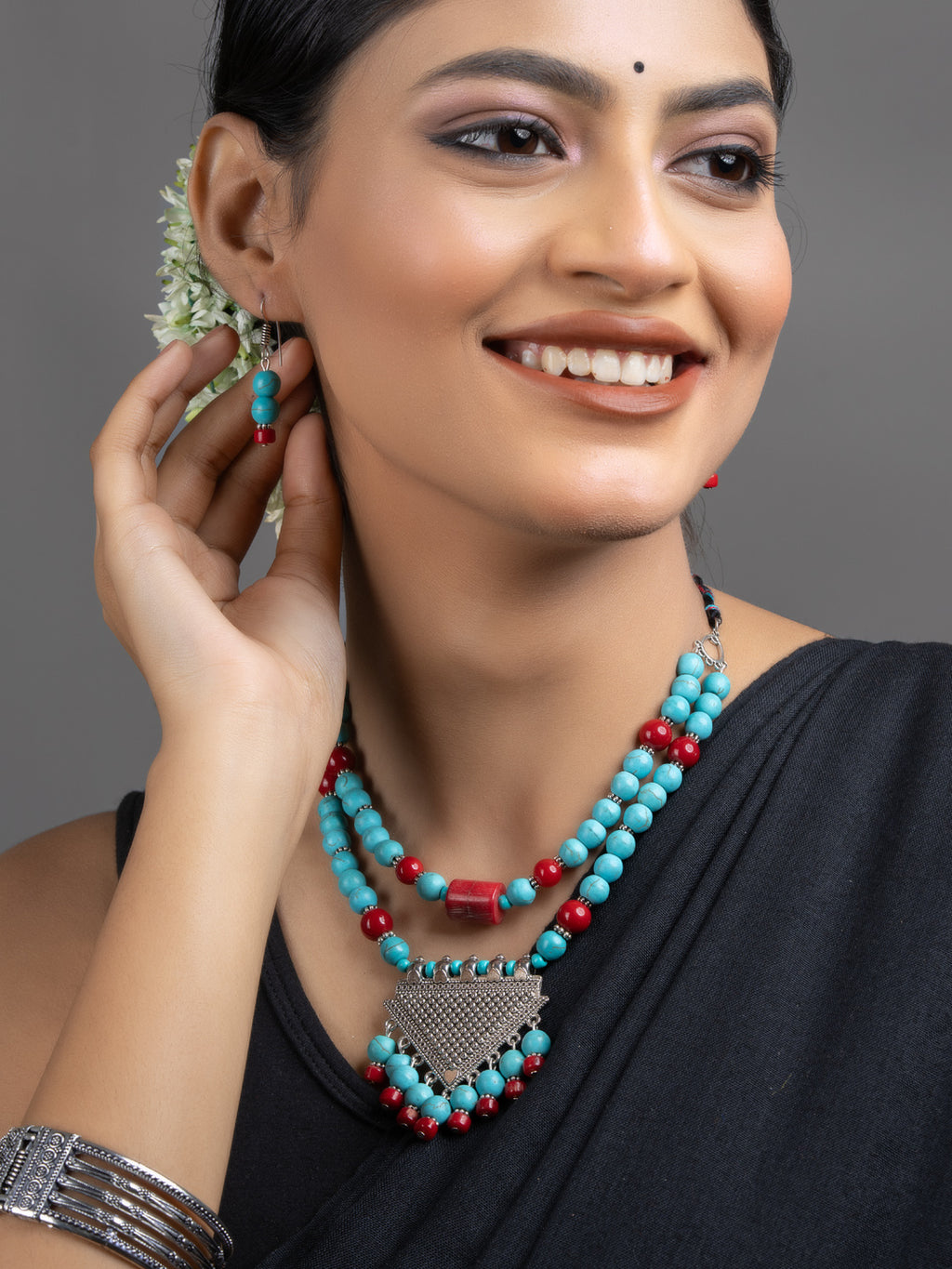 Turquoise Red Coral Double Layer GS Necklace Set with Earrings - Lookandadorn.com