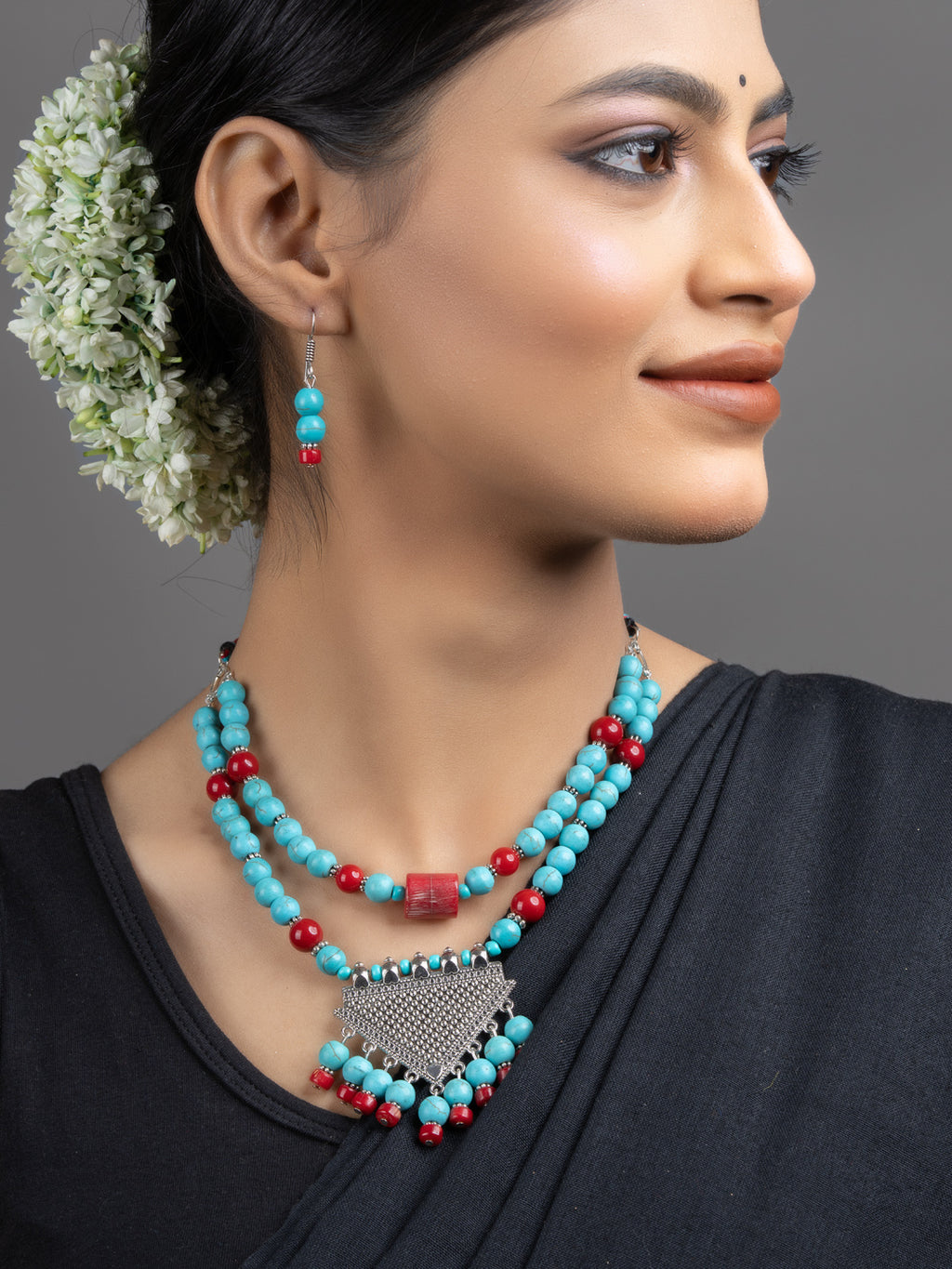 Turquoise Red Coral Double Layer GS Necklace Set with Earrings - Lookandadorn.com
