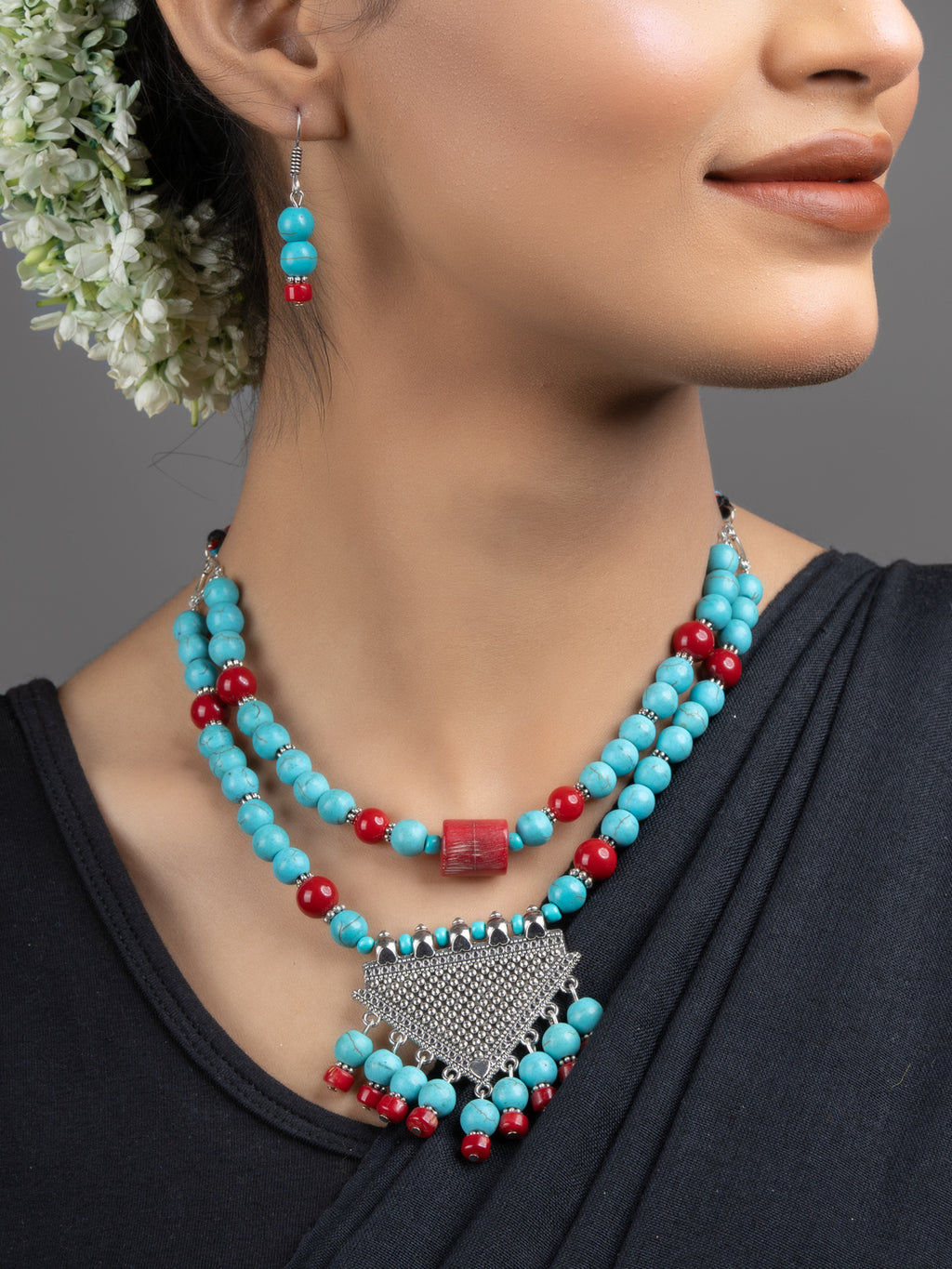Turquoise Red Coral Double Layer GS Necklace Set with Earrings - Lookandadorn.com