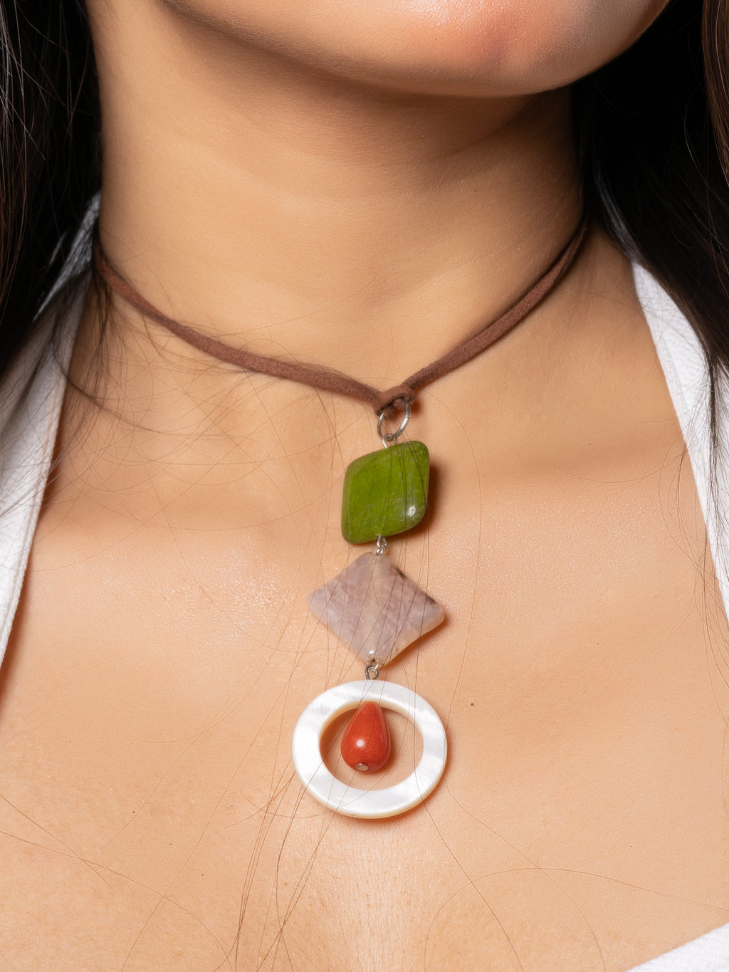 Semi Precious Green Pink White MOP Onyx sleek necklace with adjustable Suede Cord LOOK AND ADORN - designed for you