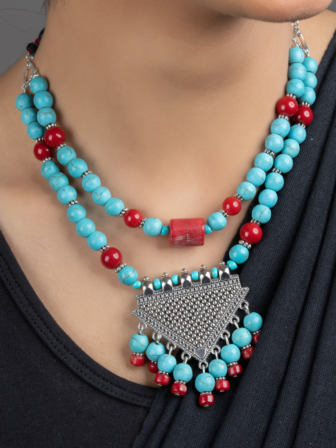 Turquoise Red Coral Double Layer GS Necklace Set with Earrings - Lookandadorn.com