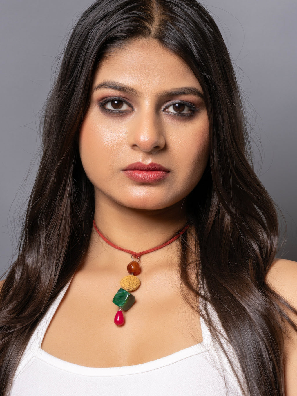 Semi Precious Brown Pink Green Onyx Yellow Lava Sleek Necklace with adjustable Suede Cord LOOK AND ADORN - designed for you